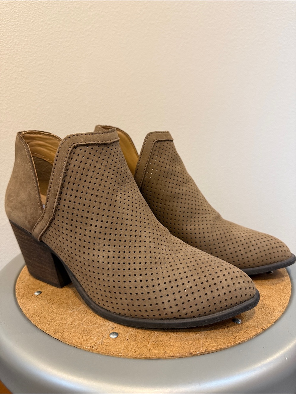 Steve Madden Amerisa Taupe Perforated Suede Ankle Booties